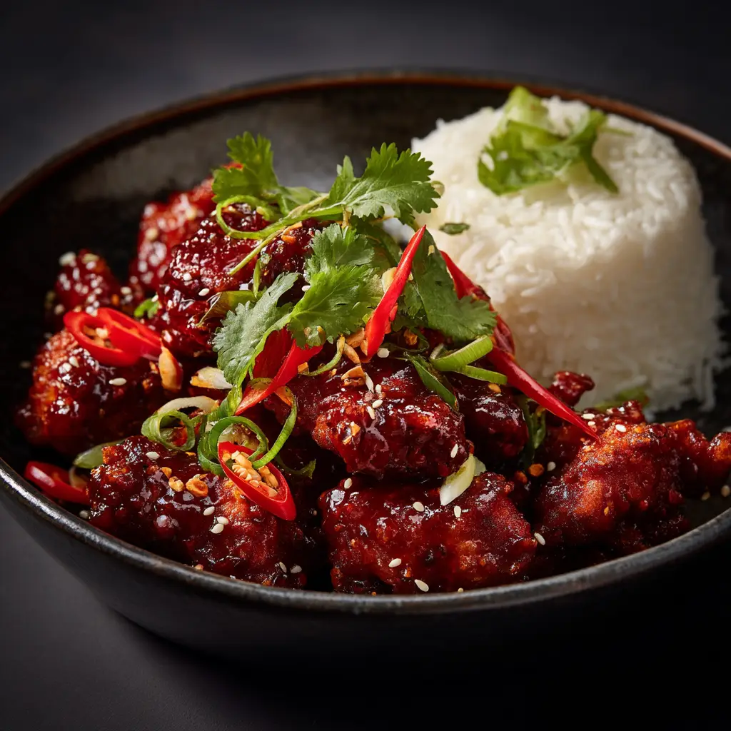 A detailed close-up of a single piece of Dragon Chicken on a fork, showcasing the crispy texture of the coating and the rich, red sauce.