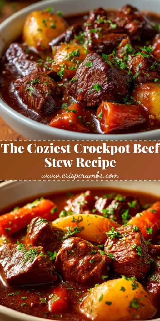 A savory Crockpot Beef Stew in a white bowl with a spoon, garnished with fresh parsley. The perfect slow cooker beef stew recipe for a cozy dinner.
