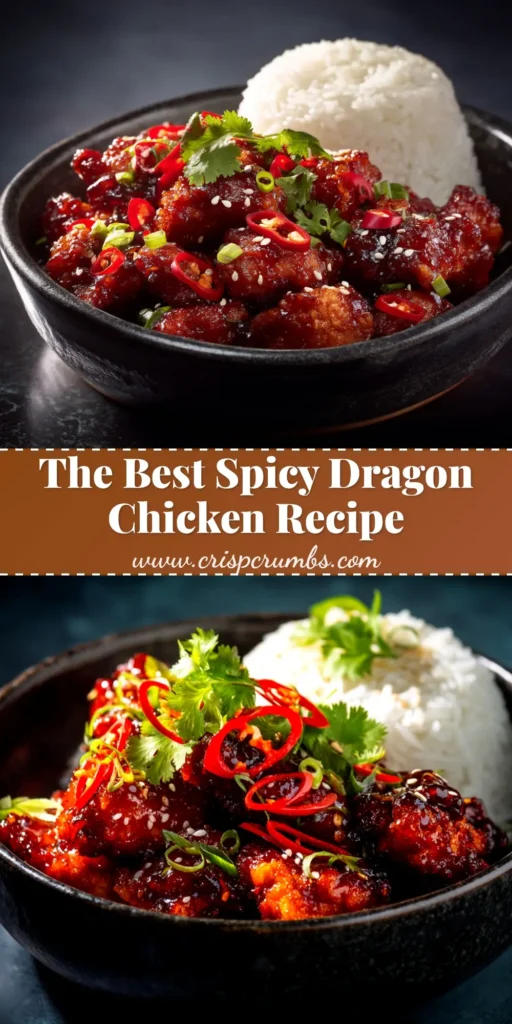 A stunning overhead shot of the finished Dragon Chicken Recipe in a white bowl, garnished with spring onions and cashews. The crispy chicken pieces are coated in a vibrant, glossy red sauce, ready to be served.