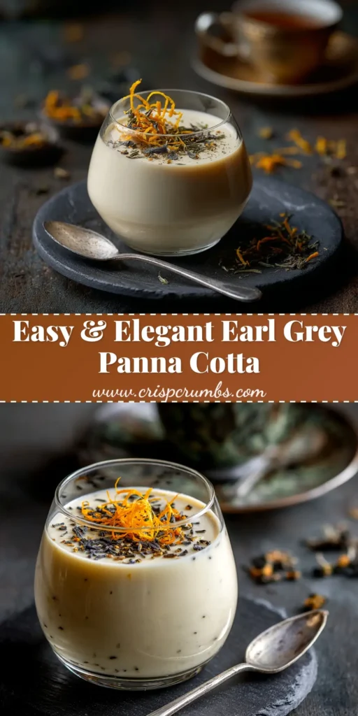 A stunning overhead shot of a creamy Earl Grey panna cotta ready to be shared on Pinterest. The dessert has a perfect wobble and is garnished with a single flower.