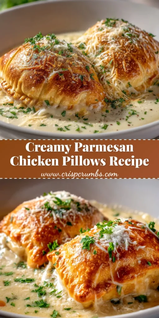 An overhead shot of golden-baked chicken pillows on a white plate. A hand is shown pulling one apart, revealing the creamy chicken and cheese filling. The title 'Easy Cream Cheese Chicken Pillows' is overlaid.