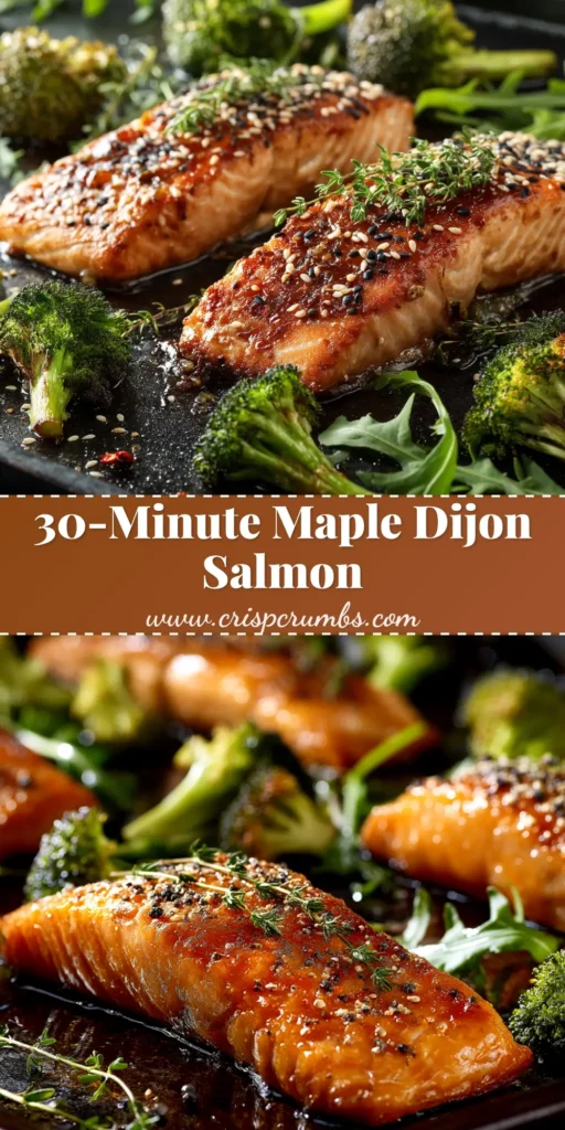 A close-up shot of a perfectly baked Maple Dijon Salmon fillet on a plate, garnished with fresh herbs. The glaze is glistening and caramelized.