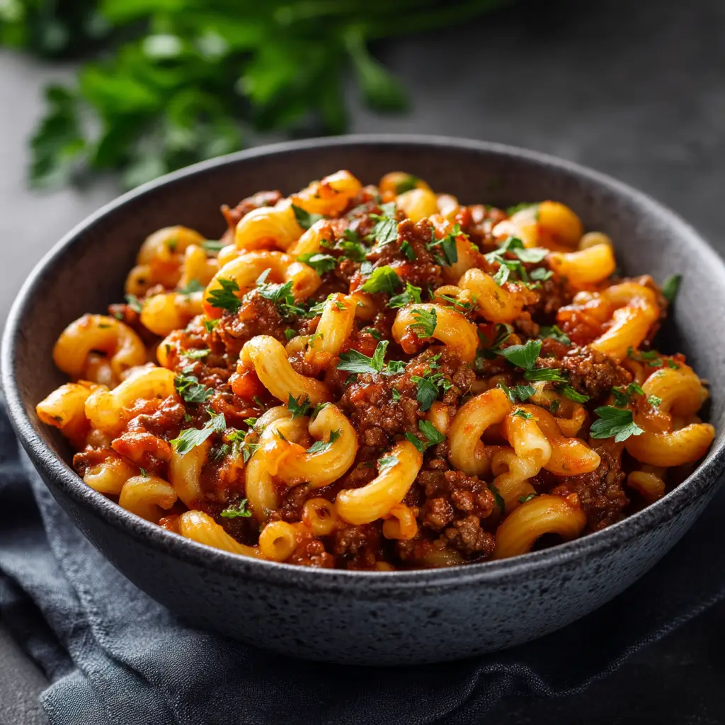 A spoonful of One Pot Beefaroni being lifted from a bowl, highlighting the creamy sauce and tender pasta.
