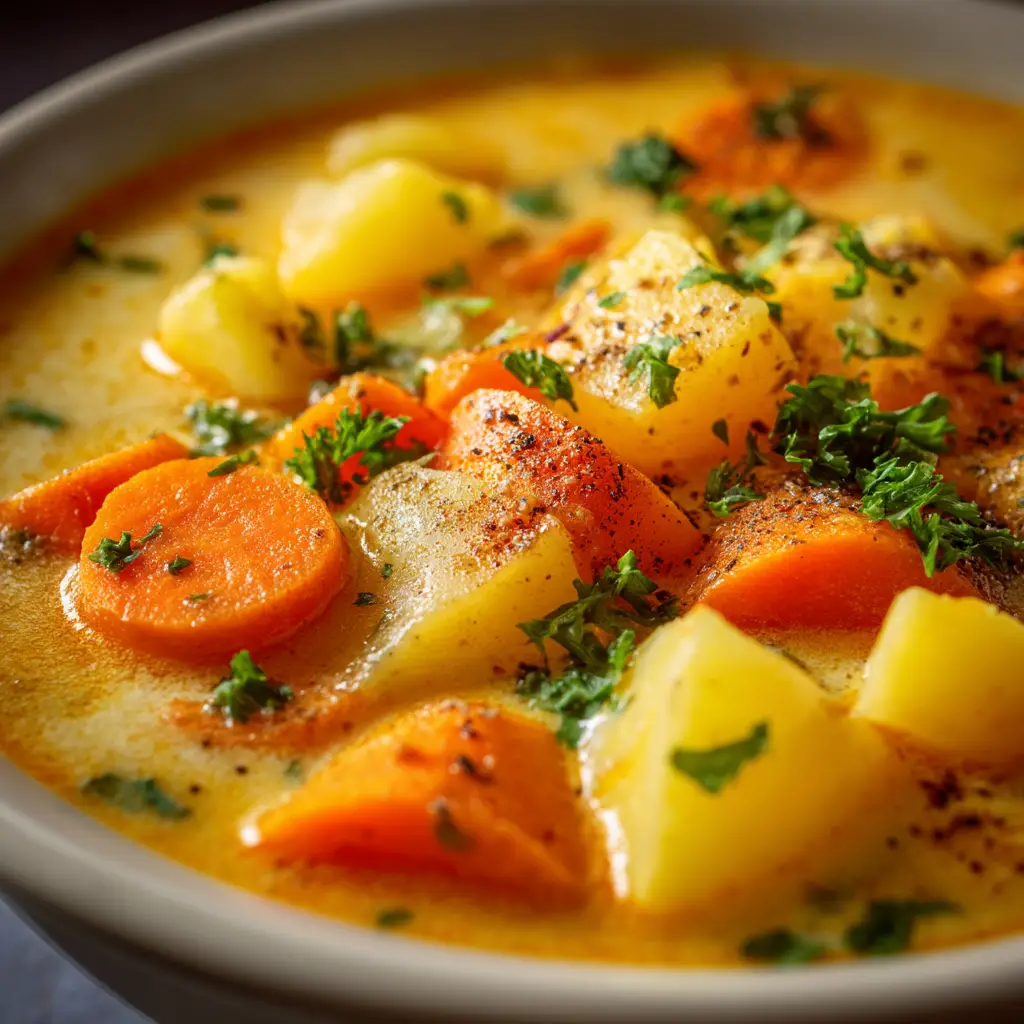 A spoonful of healthy potato carrot soup being lifted from a bowl, showcasing its rich orange color and creamy consistency.