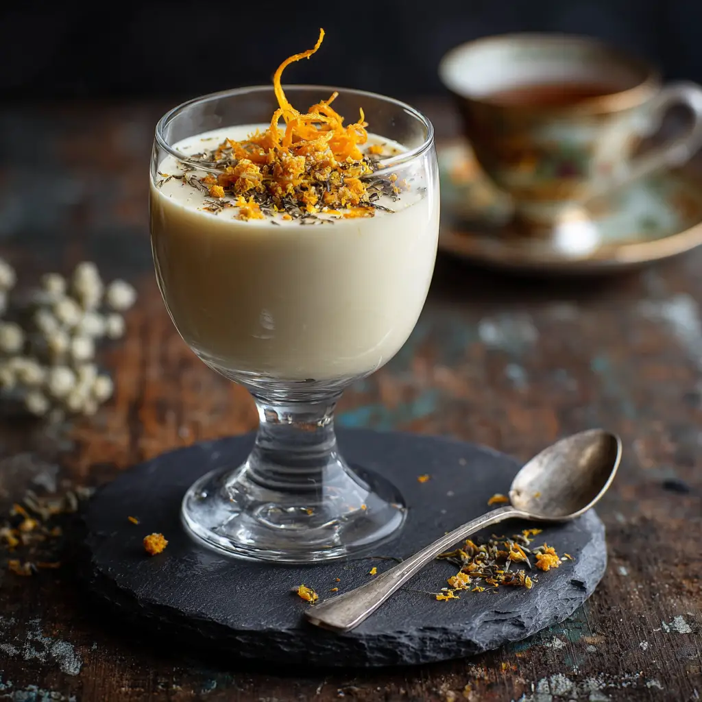 A beautiful serving of Earl Grey panna cotta on a small plate, ready to eat. The lighting highlights the elegant presentation of this simple Italian dessert.