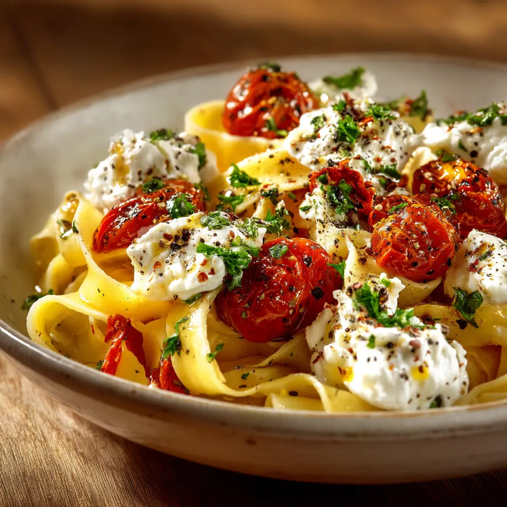 A wider angle of the finished creamy roasted tomato pasta in a bowl, with roasted tomatoes and basil visible in the background.