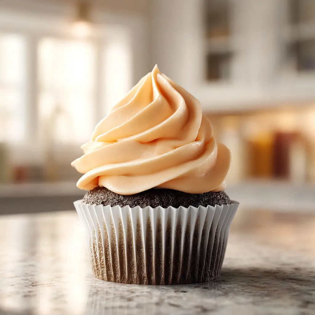A close-up of a spatula lifting a perfect swirl of finished pudding buttercream frosting from a bowl, highlighting its pipeable consistency.