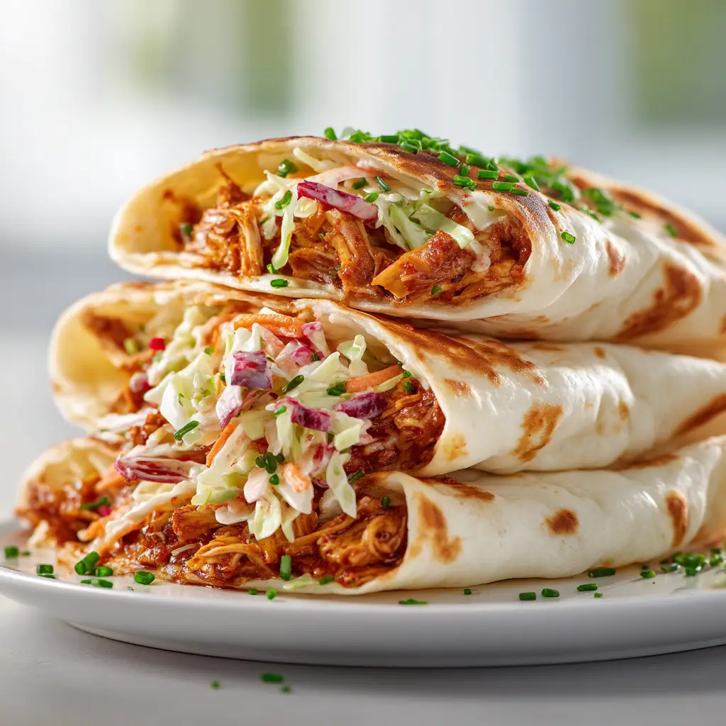 A BBQ chicken wrap being folded on a flat surface, showing the layers of chicken, cheese, and lettuce inside.