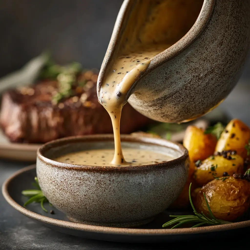 A pan of freshly made peppercorn sauce, with steam rising, highlighting the fresh ingredients like crushed peppercorns and shallots.