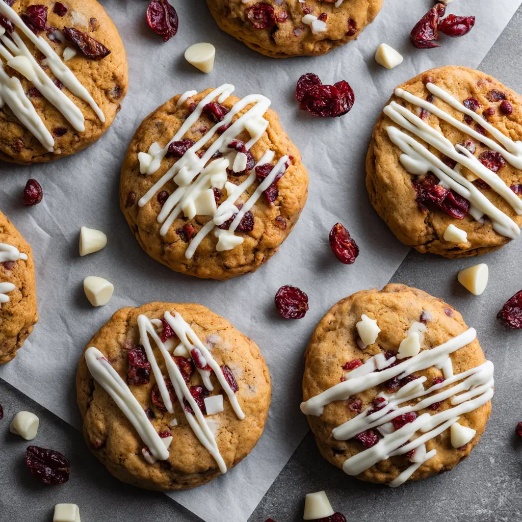 A batch of Cranberry Bliss Cookies being frosted with cream cheese frosting. The image captures the texture of the cookies and the smoothness of the frosting.