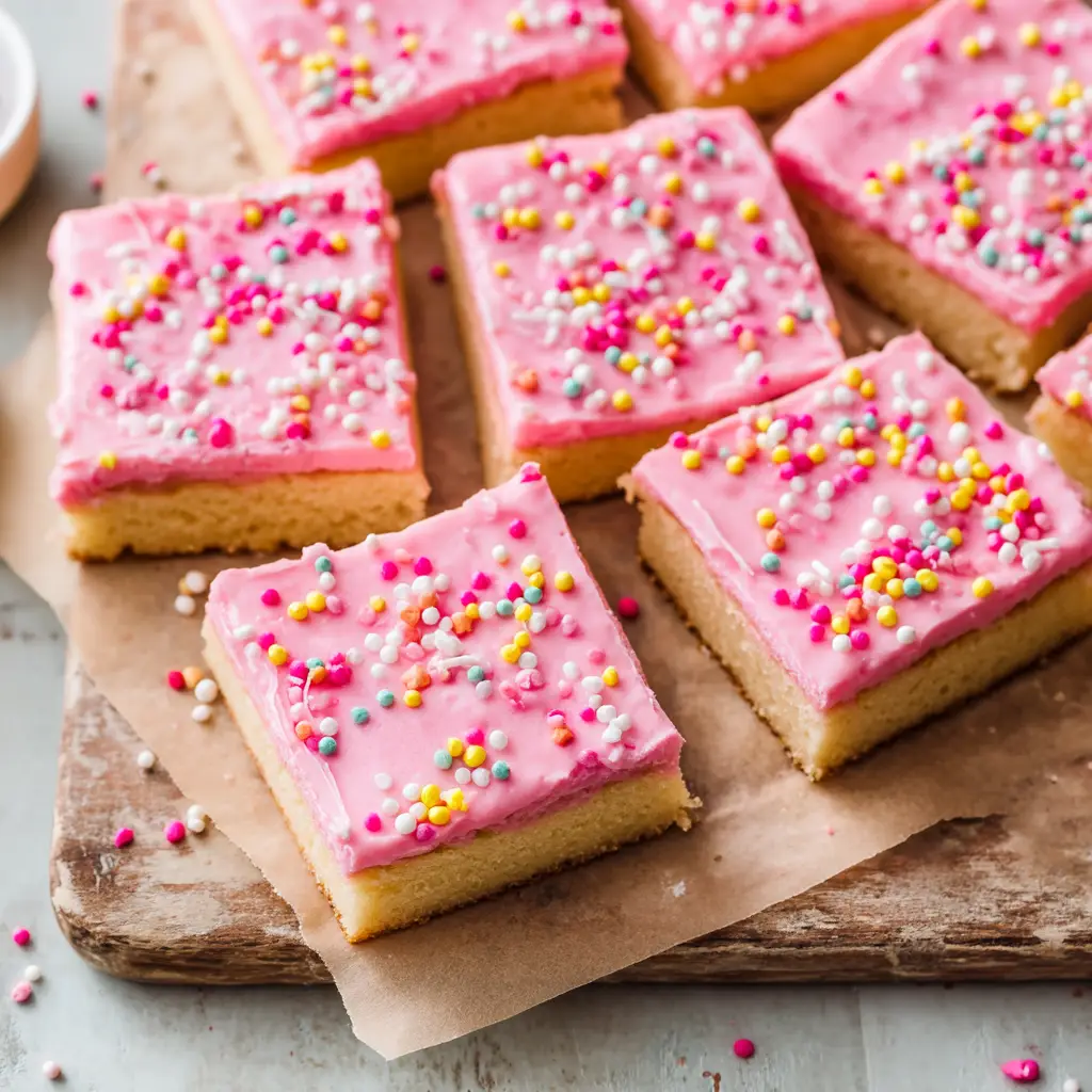 The process of spreading creamy pink buttercream frosting over a pan of cooled sugar cookie bars before adding sprinkles.