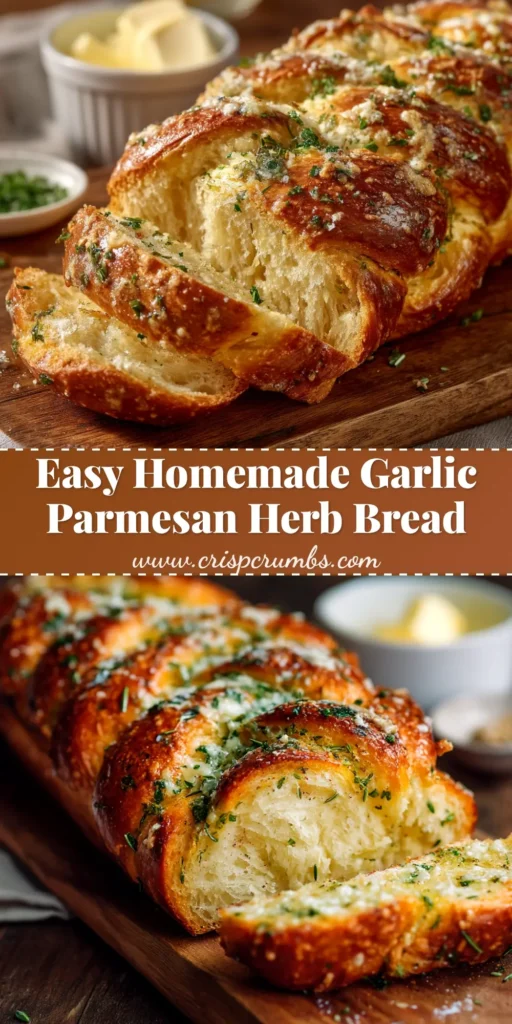 A close-up shot of a perfectly baked Garlic Parmesan Herb Bread, sliced to reveal a soft, fluffy interior and a golden, cheesy crust.