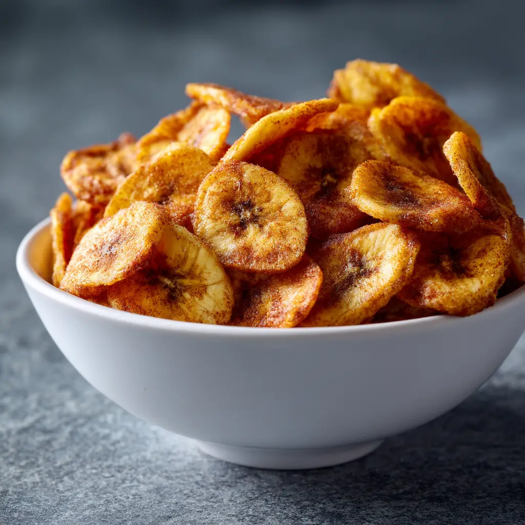 A handful of golden brown, crispy homemade banana chips fresh out of the air fryer, showcasing their crunchy texture.