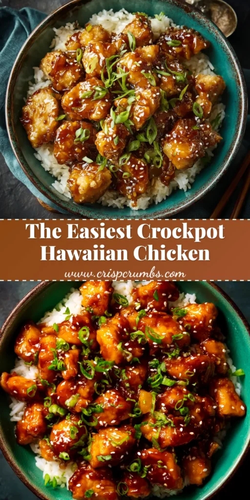 A close-up shot of shredded Hawaiian Crockpot Chicken in a white bowl, garnished with green onions. The perfect easy weeknight dinner recipe.