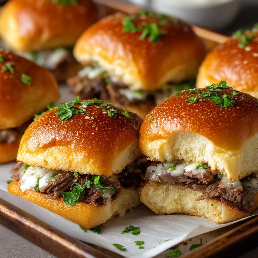 A full baking dish of baked Philly cheesesteak sliders ready to be served for a party or game day gathering.