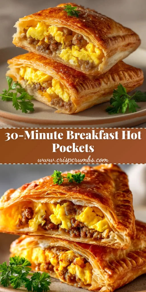 A delicious stack of golden-brown Homemade Breakfast Hot Pockets, with one cut open to show the cheesy sausage and egg filling.