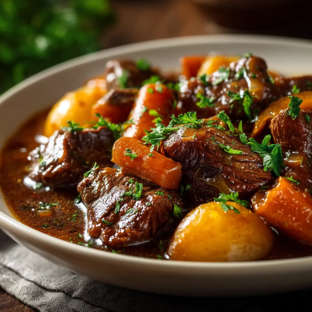 A bowl of homemade crockpot beef stew garnished with fresh parsley, emphasizing the tender beef and vegetable ingredients.
