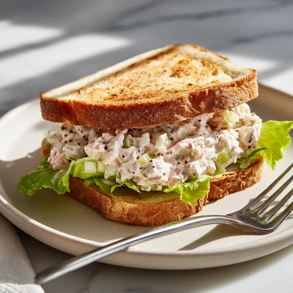 A scoop of homemade ham salad spread on a cracker, highlighting the simple and fresh ingredients used in the recipe.