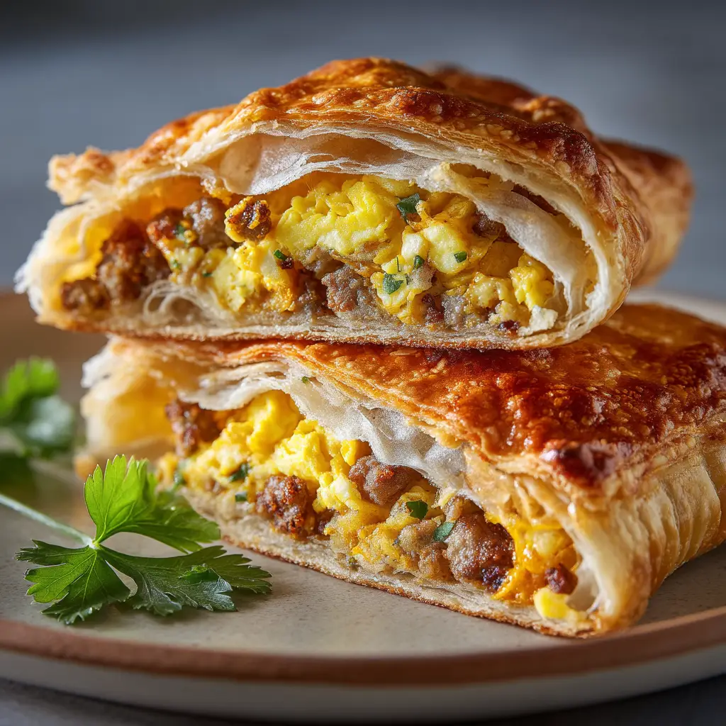 The process of making DIY breakfast pockets, showing the dough being filled with the sausage, egg, and cheese mixture before sealing.