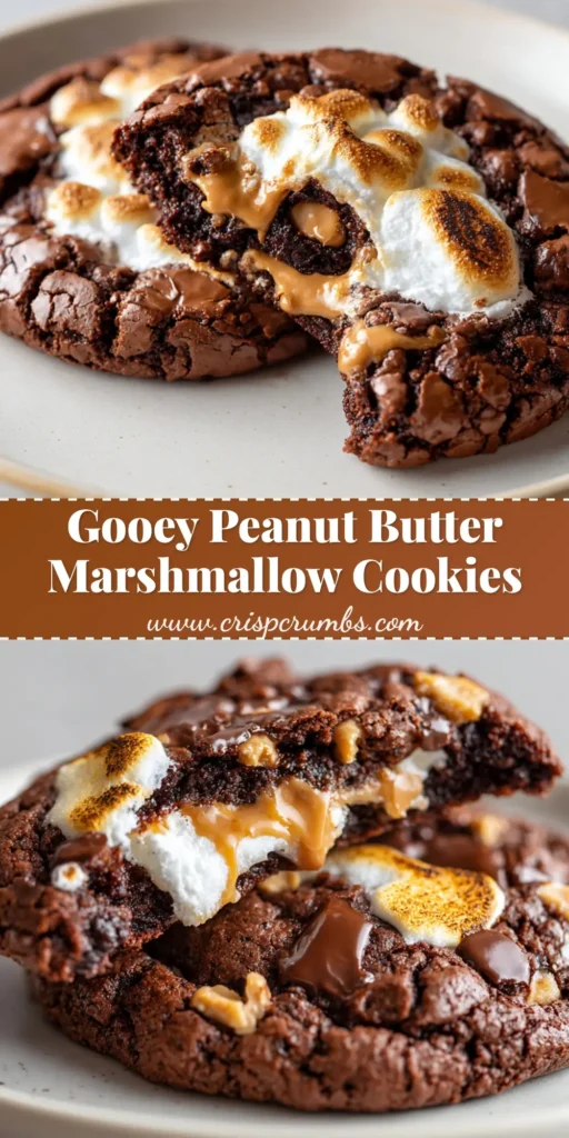 A stack of thick, gooey Chocolate Peanut Butter Marshmallow Cookies with melted dark chocolate chunks and peanut butter chips on a white plate.