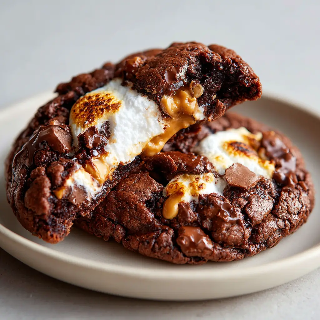 A baked Chocolate Peanut Butter Marshmallow Cookie broken in half, showing a toasted white marshmallow stretching between the two halves.