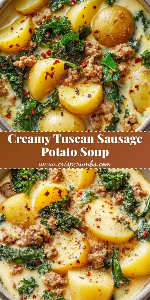 A rustic round white bowl filled with creamy Tuscan sausage and potato soup, garnished with kale and red pepper flakes.