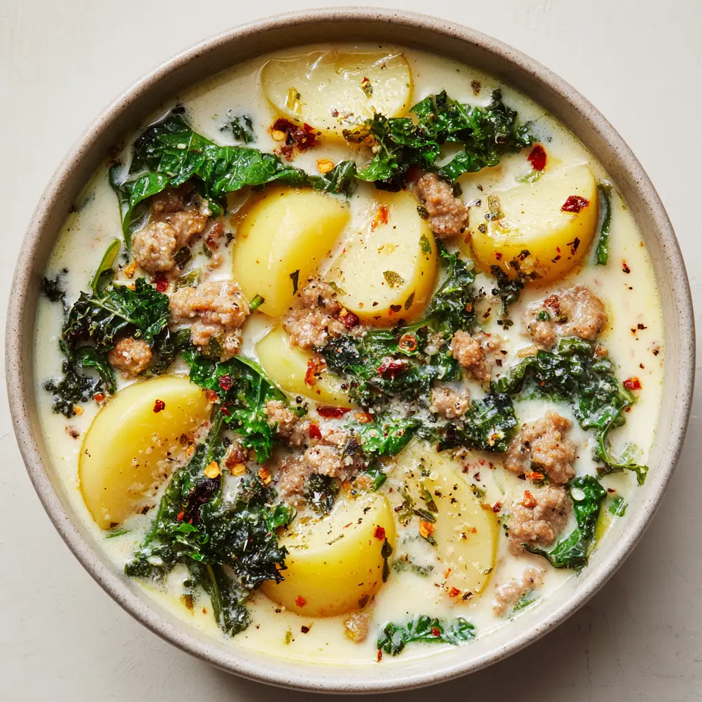 Spoonful of creamy Tuscan sausage and potato soup showing charred sausage bits and soft yellow potatoes.