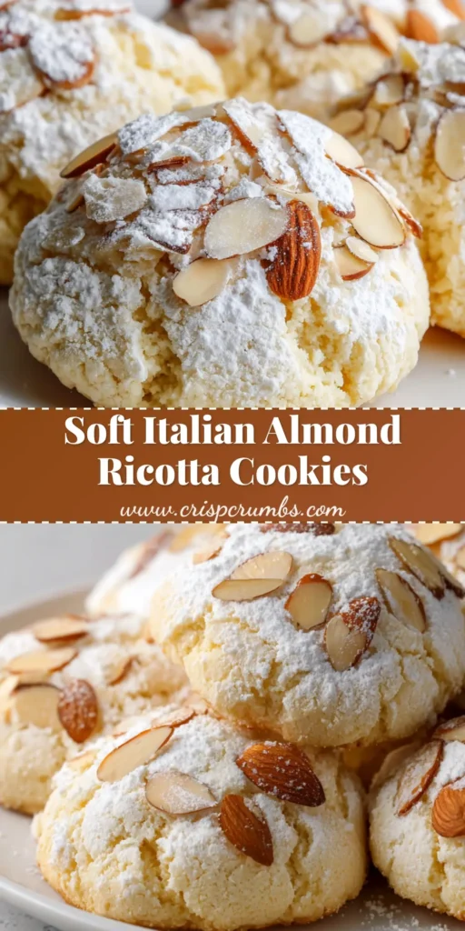 A plate of round, pale golden Italian almond ricotta cookies heavily dusted with powdered sugar and topped with toasted sliced almonds.
