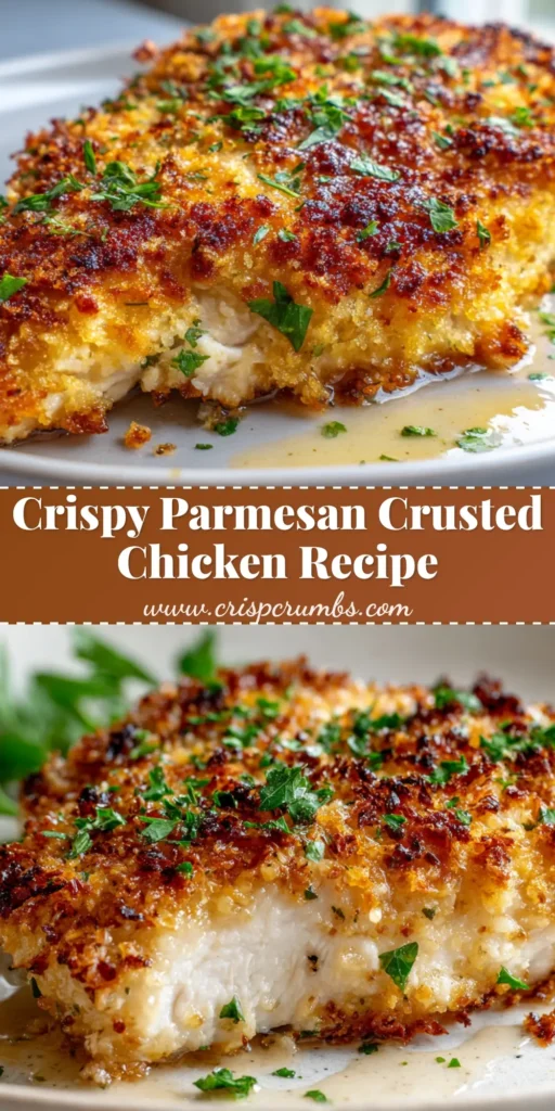 A close-up of thick Parmesan Crusted Chicken with toasted golden breadcrumbs and blistered cheese on a white plate.