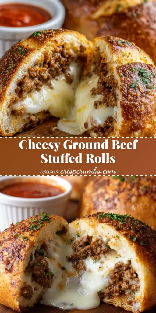 A freshly baked golden-brown bread roll pulled apart to reveal steaming Ground Beef Stuffed Rolls interior packed with seasoned beef and melted mozzarella.