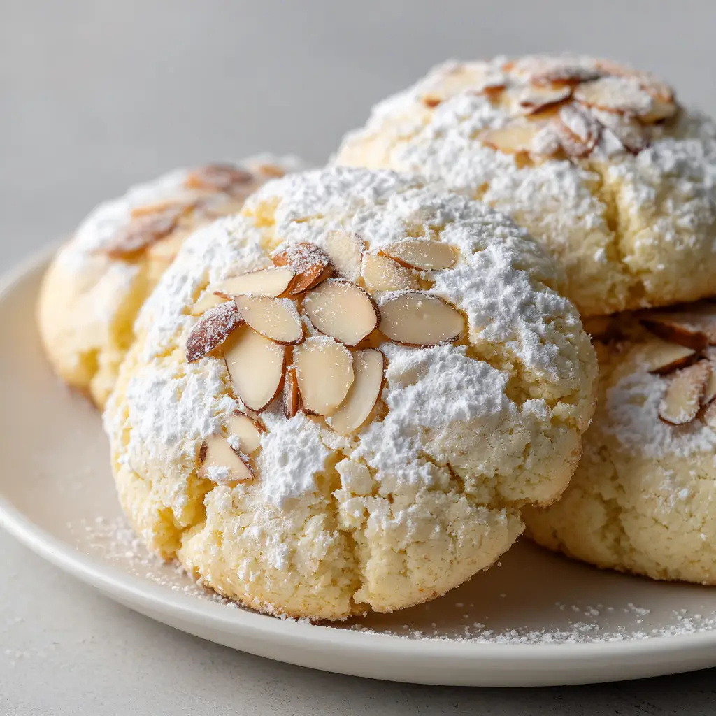 Overhead view of pale golden ricotta cookies embedded with overlapping lightly toasted sliced almonds and fine white powdered sugar.