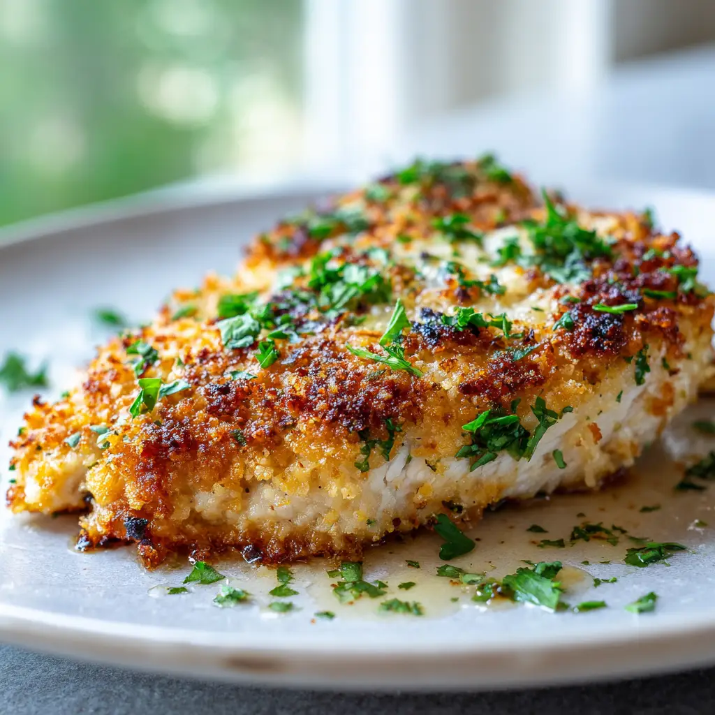 Close up of blistering melted parmesan cheese and toasted breadcrumbs on a thick chicken breast.
