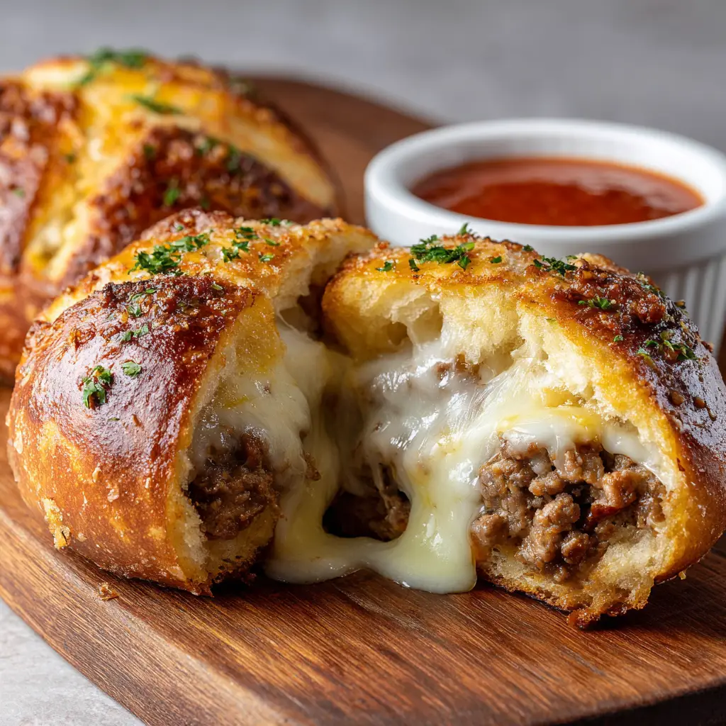 Ground Beef Stuffed Rolls resting on a rustic wooden cutting board next to a ramekin of red tomato marinara sauce.