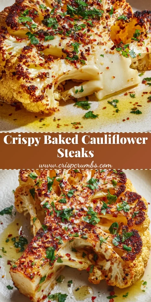 A thick-cut baked cauliflower steak roasted to a deep golden-brown, topped with coarse sea salt, cracked black pepper, red paprika, and fresh parsley with an olive oil drizzle.
