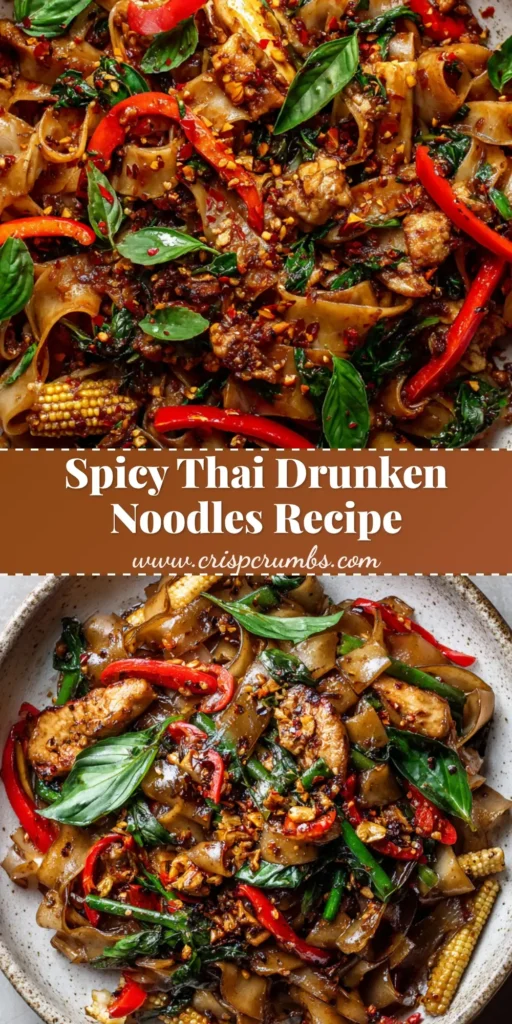 Overhead shot of authentic Thai Drunken Noodles in a speckled ceramic bowl, featuring charred wide flat rice noodles, glossy brown soy glaze, blistered baby corn, chicken breast, julienned bell peppers, wilted Thai basil, heavily speckled with crushed chili flakes and golden fried garlic.