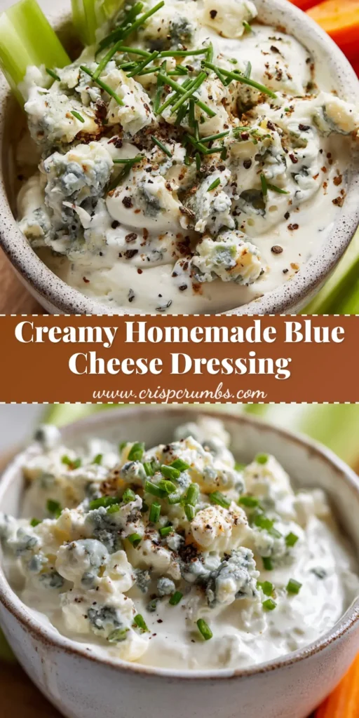 A rustic white ceramic bowl filled with creamy white homemade blue cheese dressing, topped with black pepper and chives, surrounded by crisp celery and carrots.