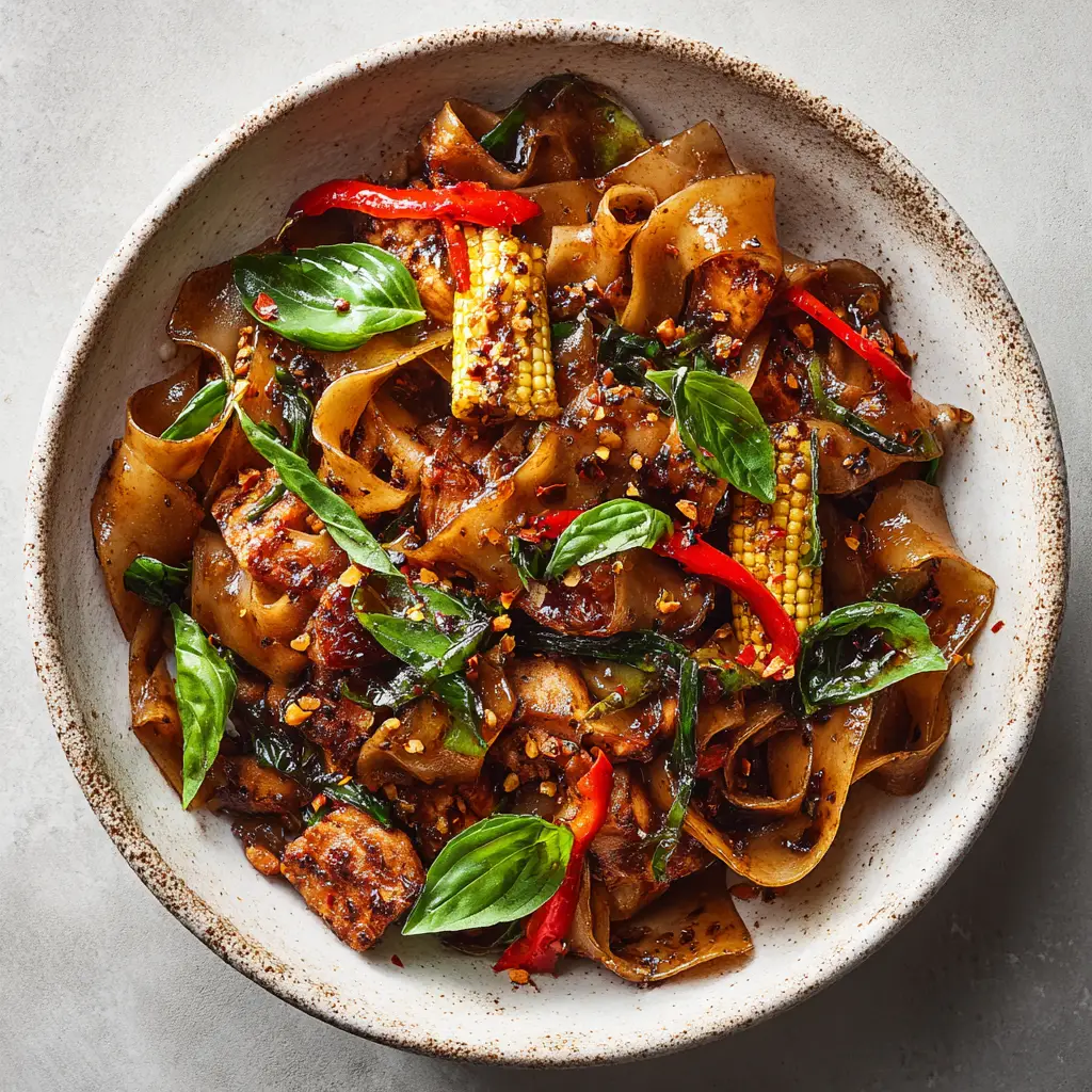 Wok action shot tossing wide rice noodles in a glossy dark brown soy glaze with chicken, blistered baby corn, and julienned peppers.