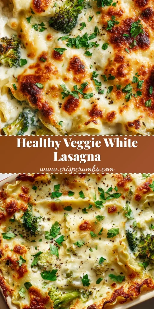A bubbling, golden-brown loaded Veggie White Lasagna in a rectangular ceramic baking dish, garnished with fresh parsley.