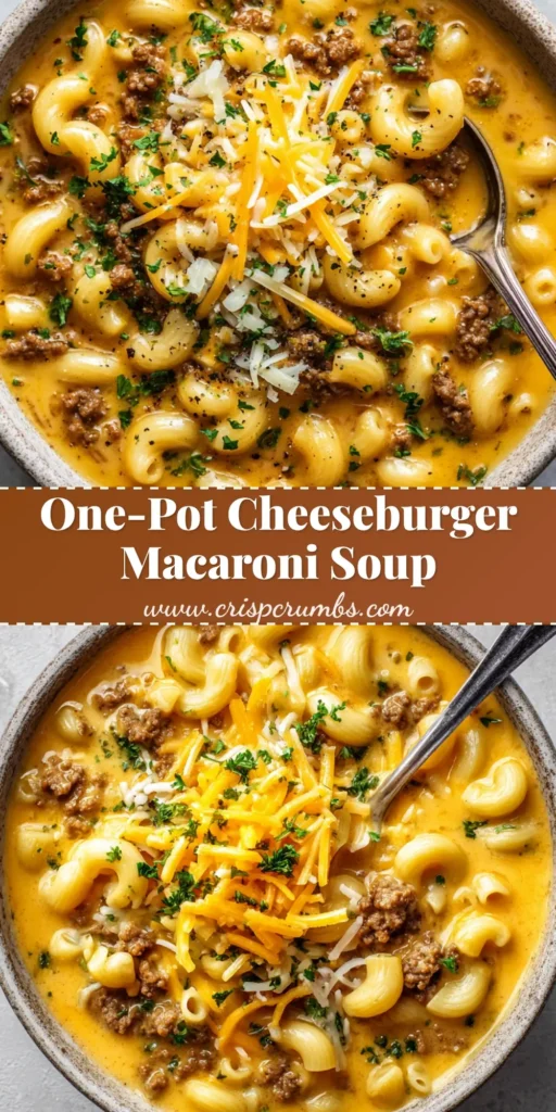 A rustic ceramic bowl filled with thick, creamy Cheeseburger Macaroni Soup, garnished with sharp cheddar, diced white onions, and fresh parsley.