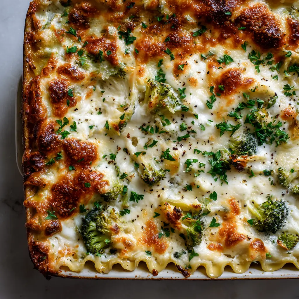 Top-down view of a freshly baked Veggie White Lasagna featuring wavy noodles and blistered mozzarella.