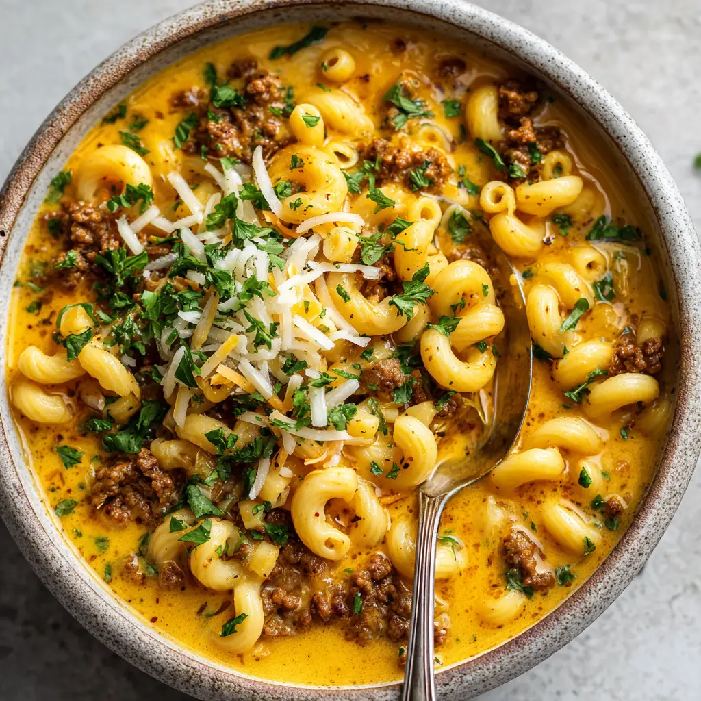 A vintage silver spoon resting in a rustic ceramic bowl of Cheeseburger Macaroni Soup dripping with cheesy broth.