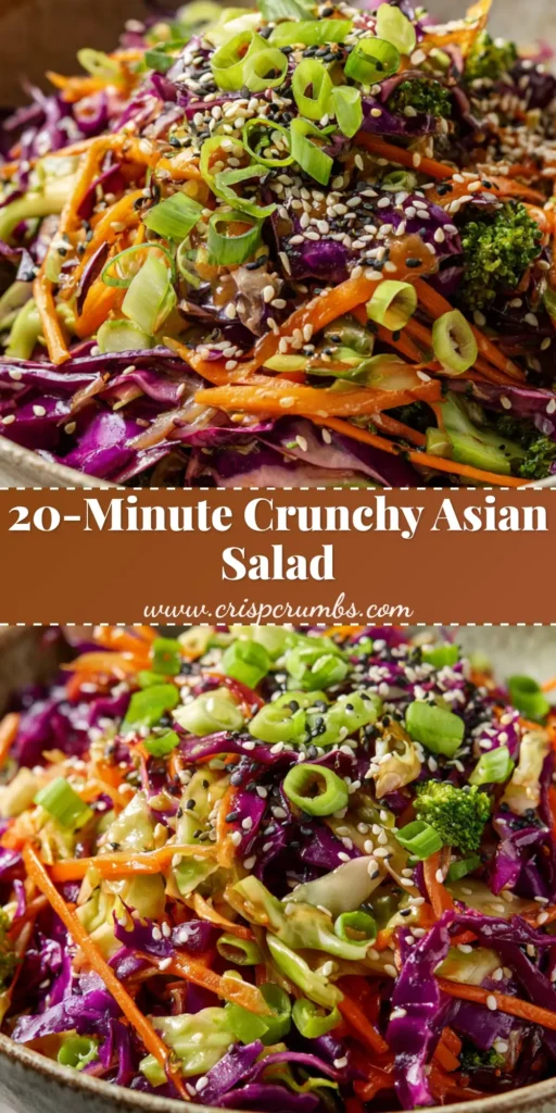 A vibrant Asian Cabbage Salad featuring shredded purple and green cabbage, julienned carrots, and raw broccoli florets in a rustic bowl.