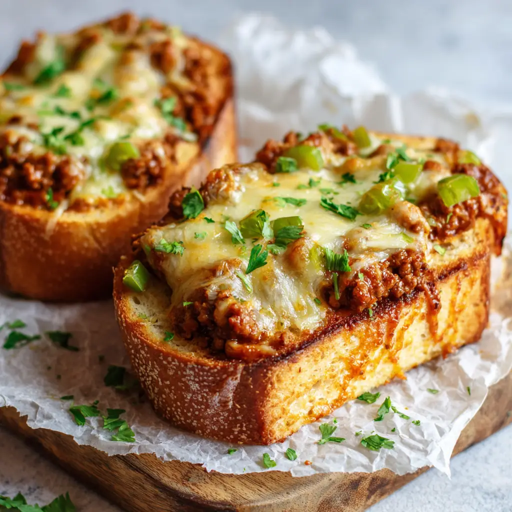 A close-up view of gooey, blistered melted mozzarella and sharp cheddar cheese over a thick layer of reddish-brown ground beef sloppy joe sauce on a garlic bread base.