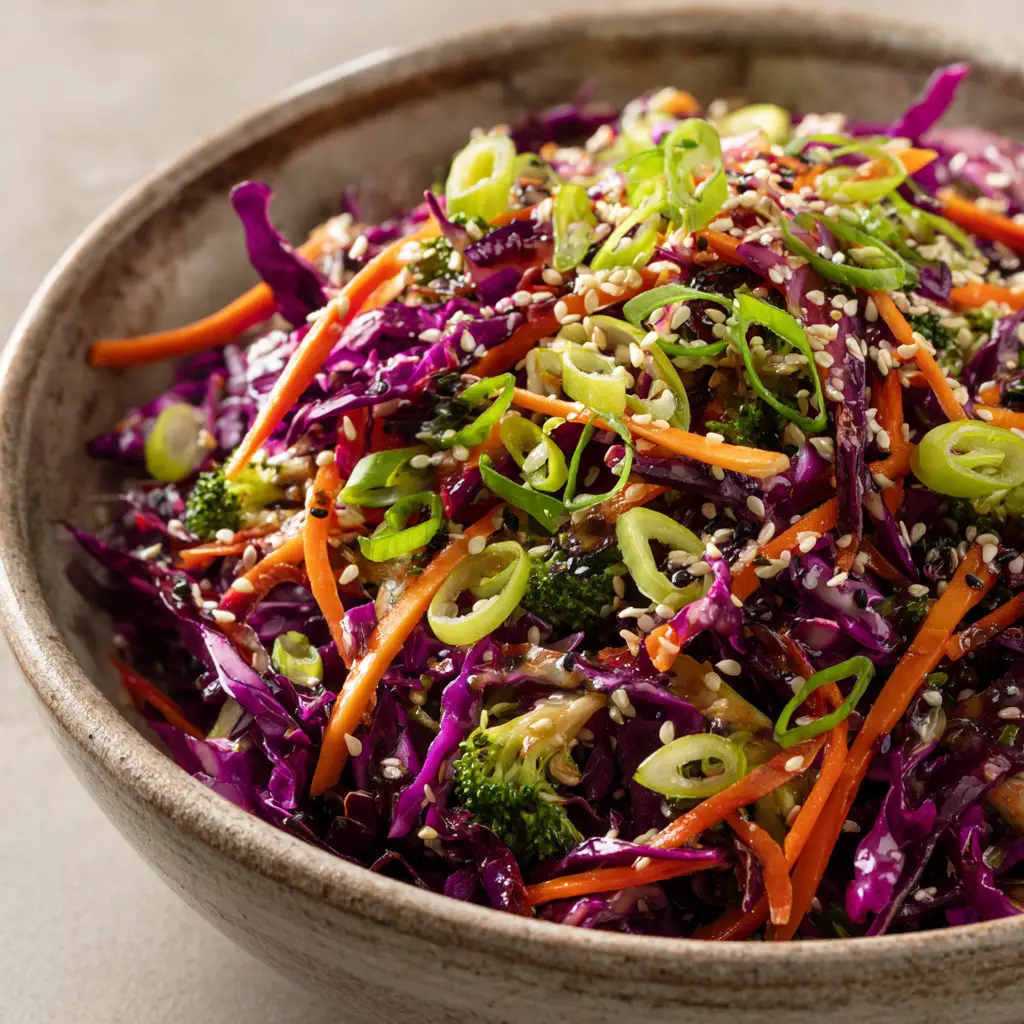 Asian Cabbage Salad tossed in a glossy light brown sesame ginger dressing, topped with toasted sesame seeds.