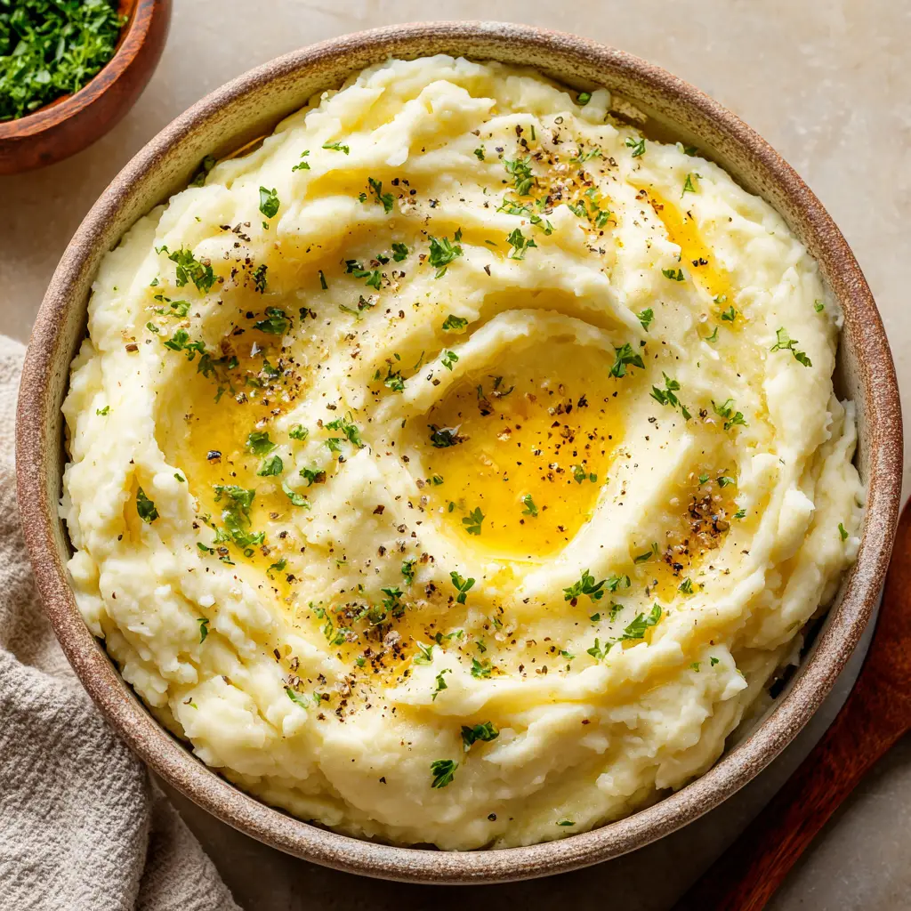 A small crater in the center of mashed potatoes holding a pool of melted, golden yellow butter.