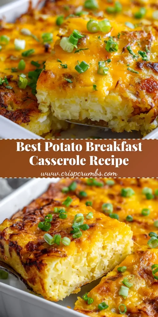 A close-up angled shot of a freshly baked Potato Breakfast Casserole in a white ceramic baking dish, topped with glossy cheddar and green onions.