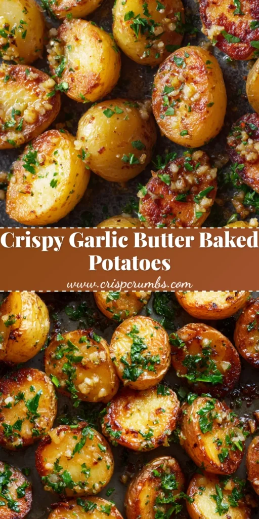 A top-down view of beautifully blistered baked garlic butter potatoes on a rustic baking sheet.