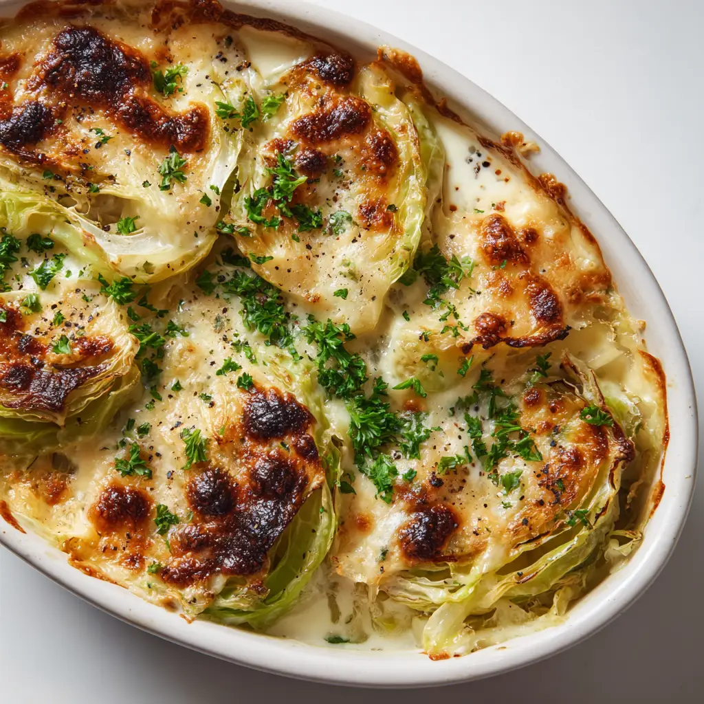 A close up of the freshly baked cheesy cabbage gratin with a golden-brown crispy cheese crust and fresh green parsley.