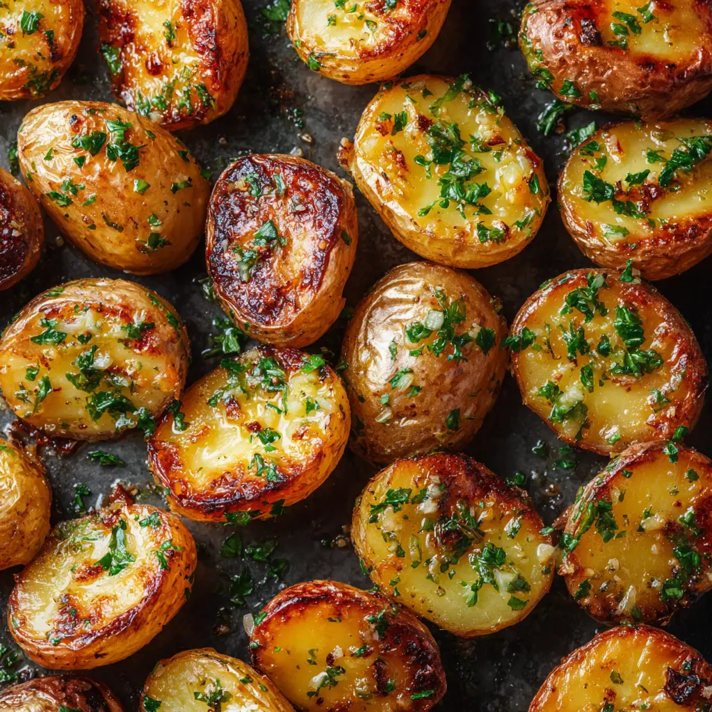 Close-up of baked garlic butter potatoes showing tender centers, blistered edges, and a glossy, speckled herb coating.