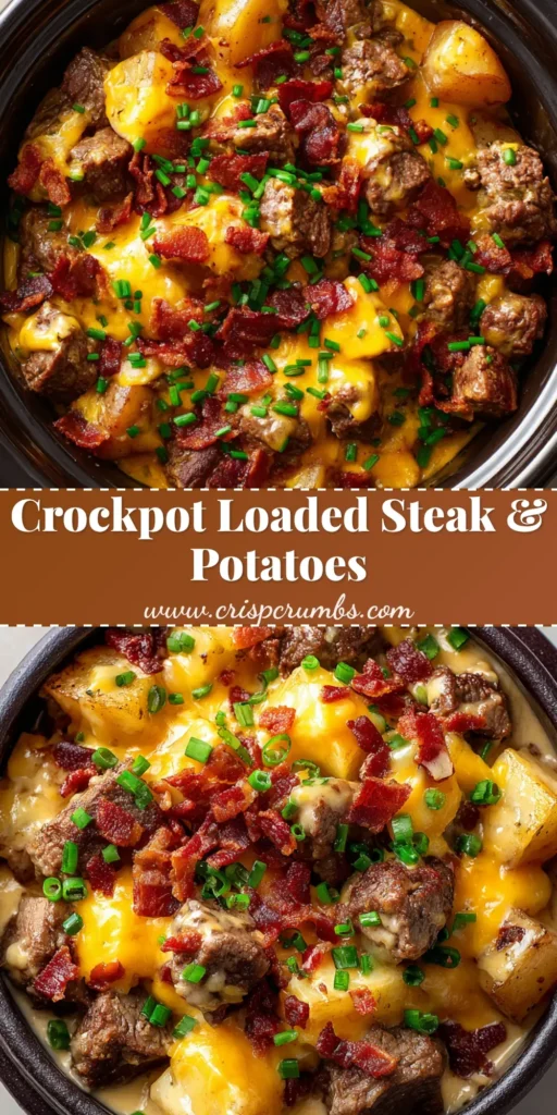 Top-down view of Crockpot Steak and Potatoes featuring tender seared cubed steak bites, soft diced potatoes in a rich creamy sauce, blanketed by melted sharp yellow cheddar cheese with crispy crumbled bacon bits and vibrant chopped green chives.
